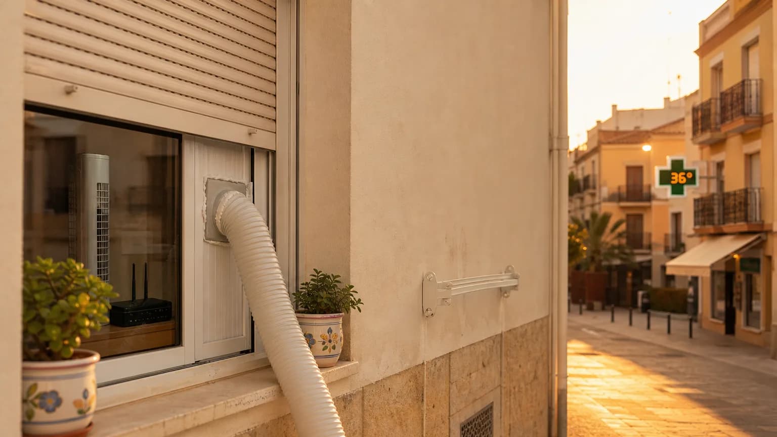 Ar-condicionado portátil com duto na janela em apartamento na Espanha durante o verão.