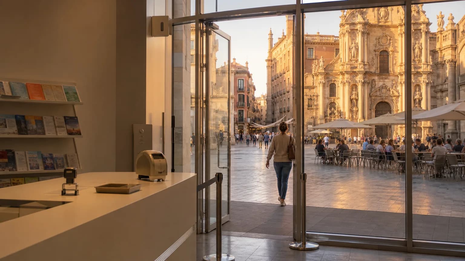 Catedral de Múrcia e ruas do centro com pedestres e mesas ao ar livre ao entardecer