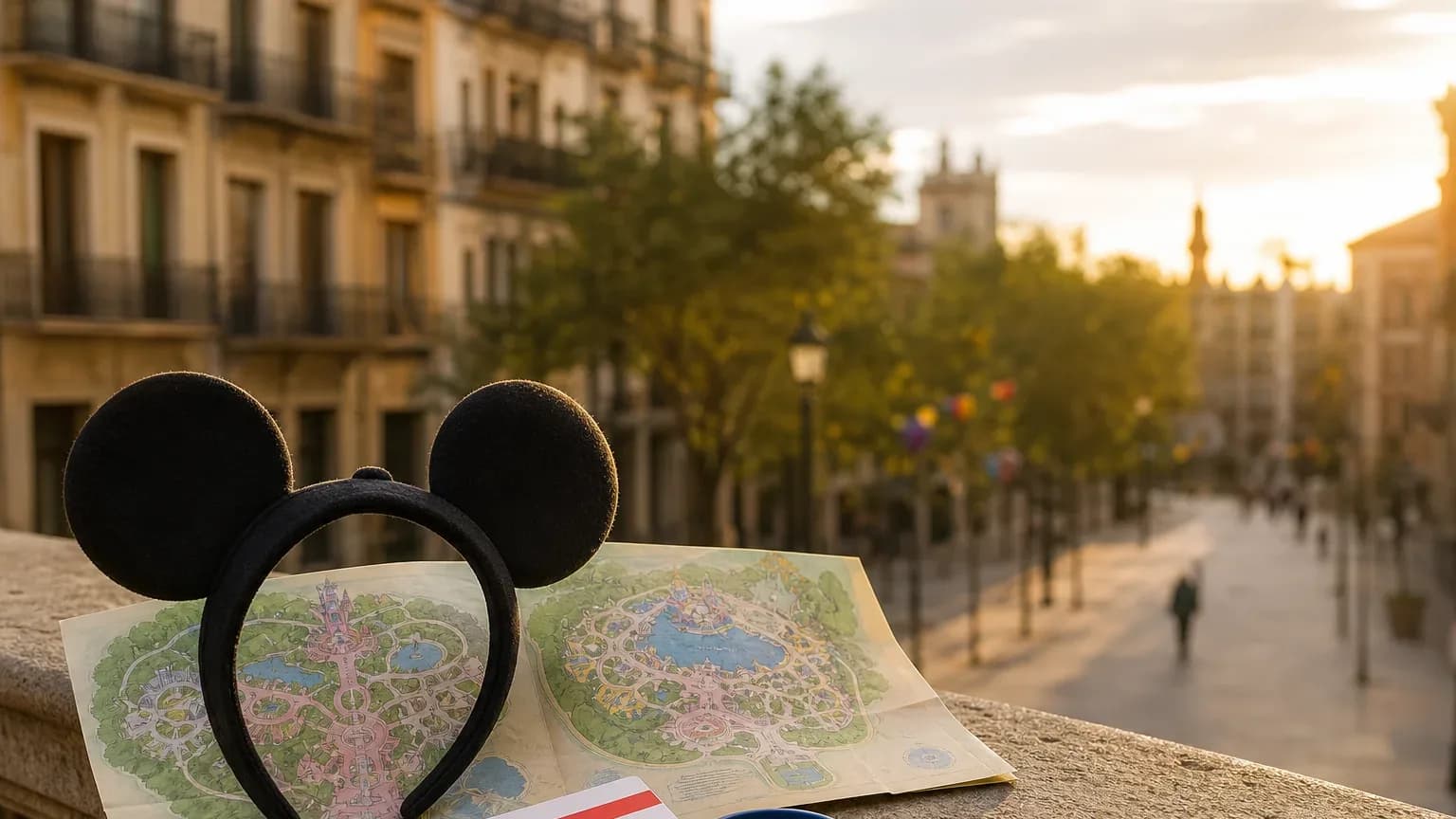 Castelo rosa da Disneyland Paris ao pôr do sol com visitantes passando e um mapa do parque em primeiro plano.
