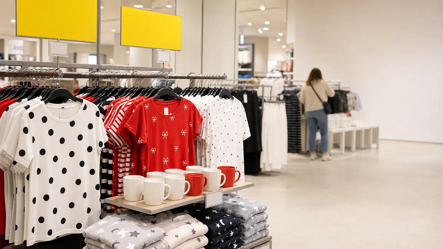Seção Disney dentro da Primark na Espanha com camisetas, pijamas e canecas etiquetadas em euros.