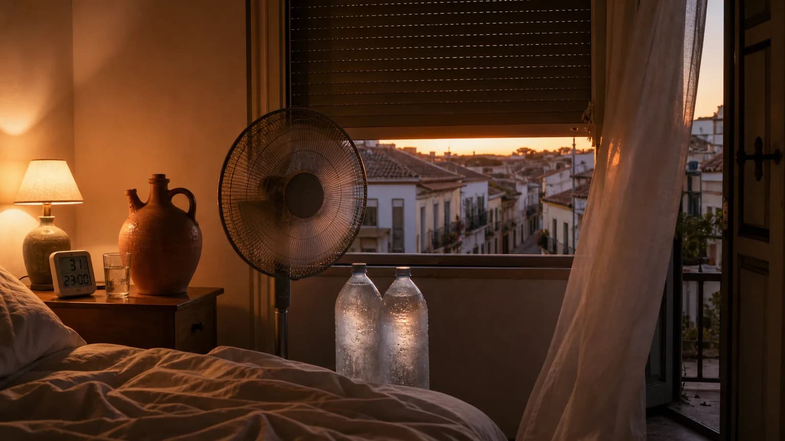 Quarto espanhol com persiana fechada, ventilador e termômetro marcando 31°C à noite