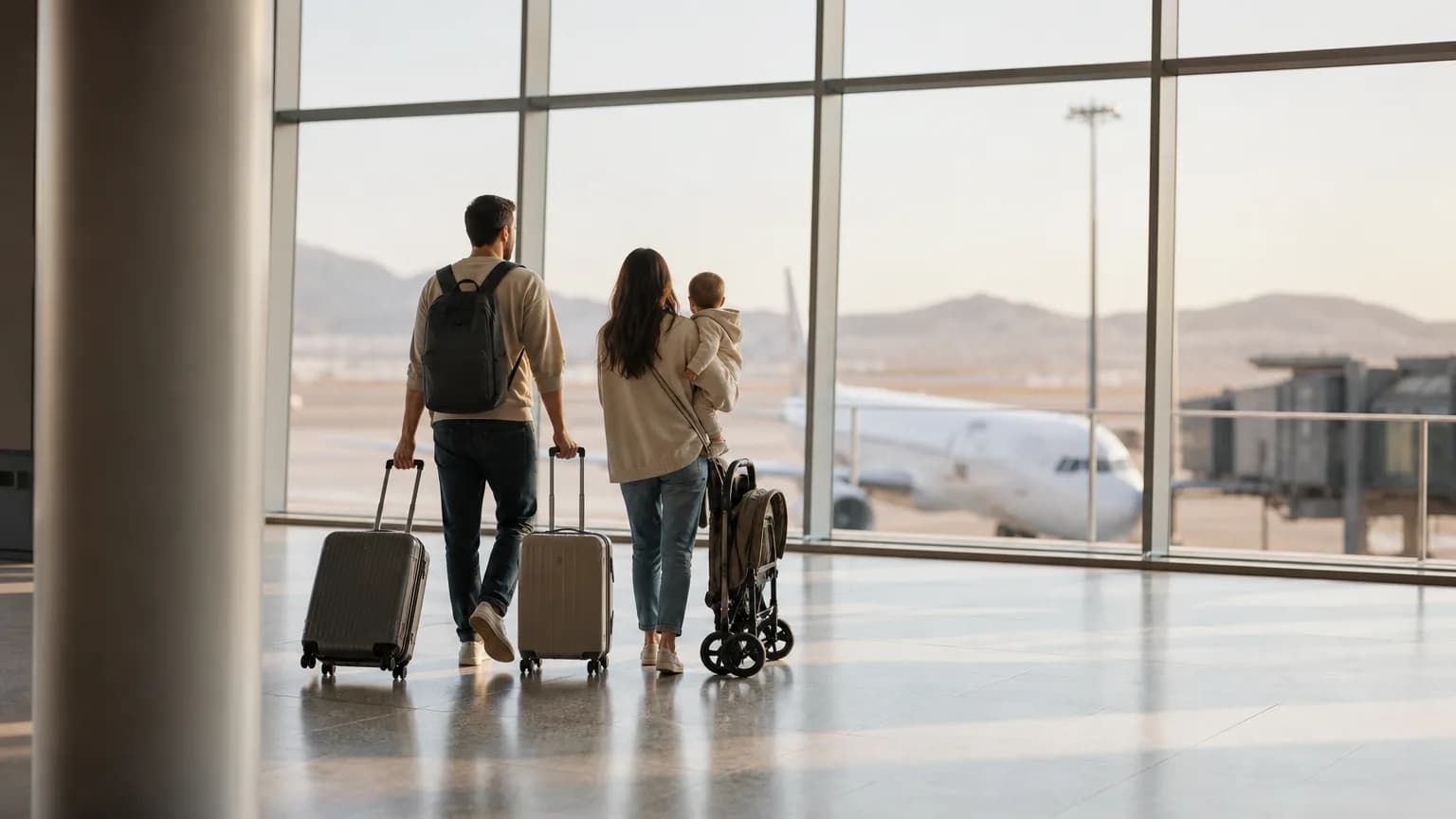 Família com bebê e duas malas de mão em aeroporto, pronta para embarcar rumo à Espanha