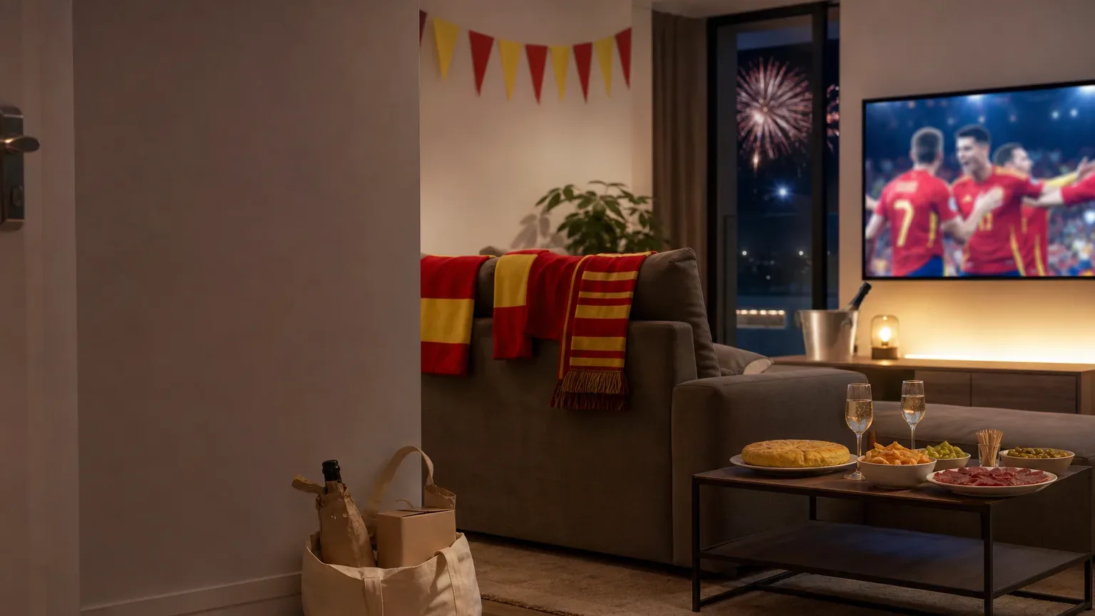 Sala de estar na Espanha com torcida da La Roja, mesa com tapas e TV mostrando jogo