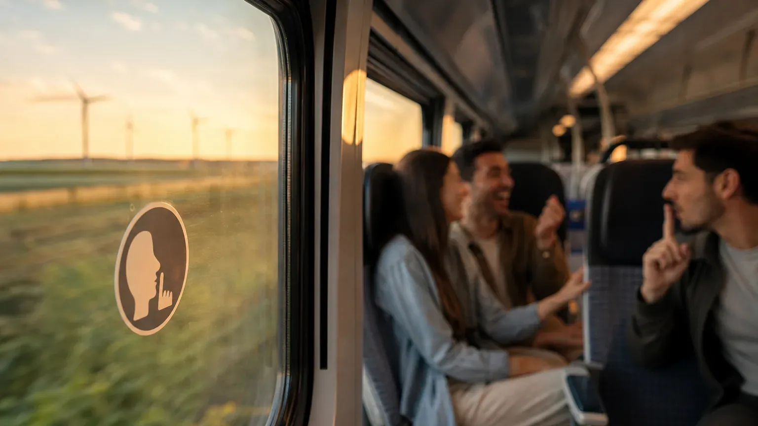 Vagão de trem europeu com adesivo de quiet zone e passageiro pedindo silêncio a um casal conversando alto.