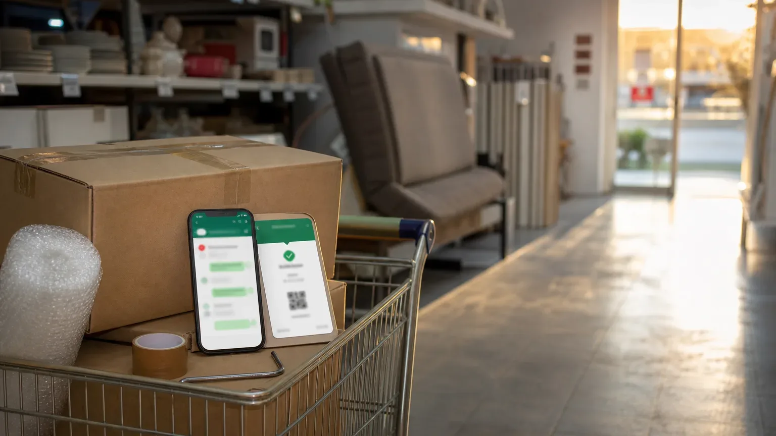 Conversa de WhatsApp com pedido de motoboy e comprovante de Pix falso ao vender móveis, com caixas de mudança ao fundo
