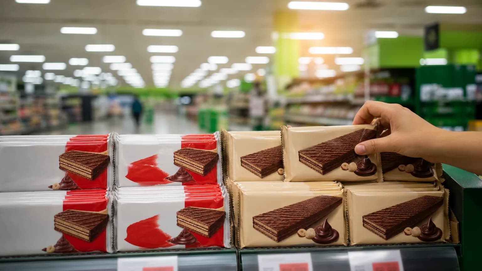 Kinder Bueno e versão Hacendado lado a lado na prateleira do Mercadona, com etiquetas de preço em euros.