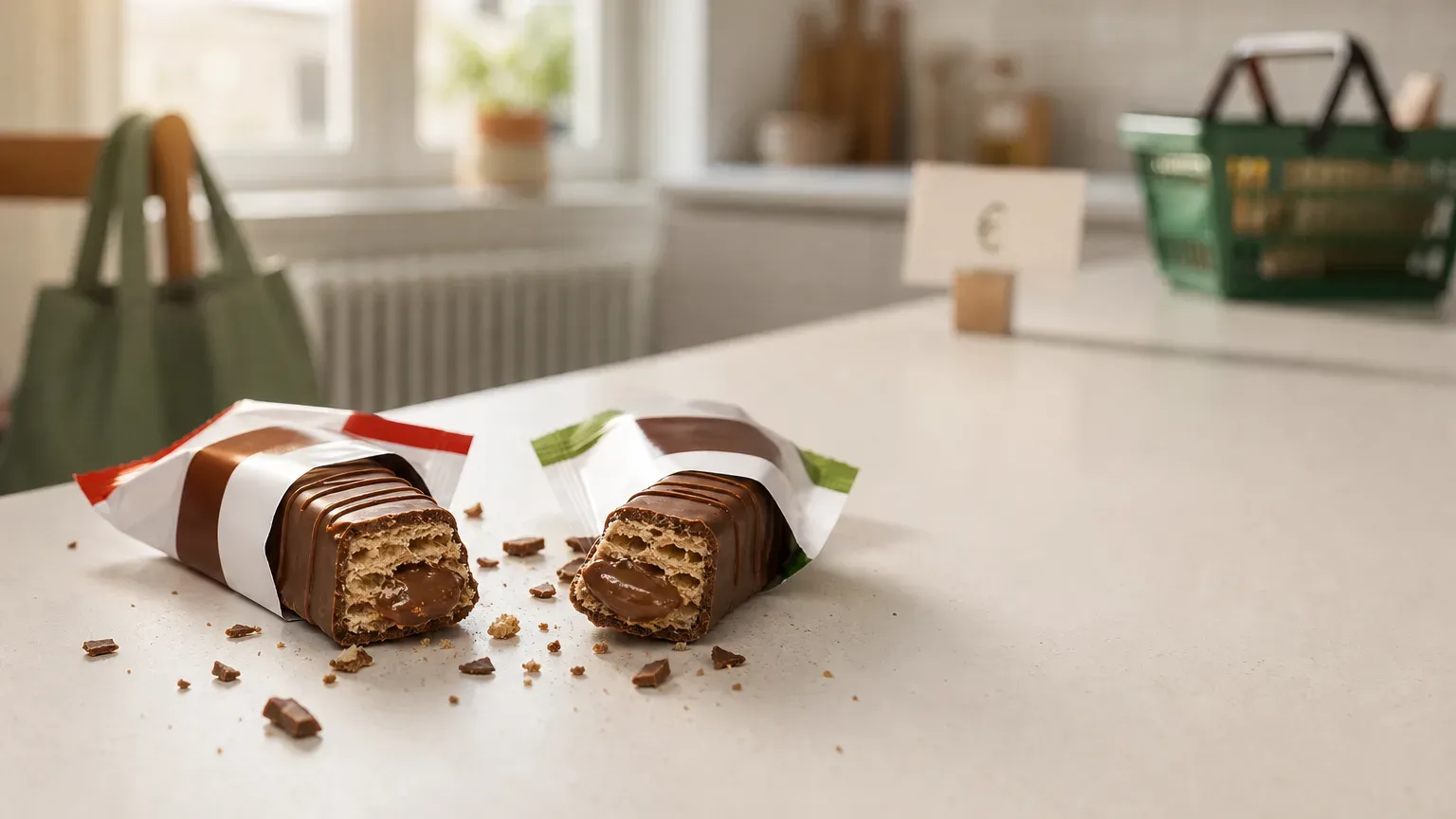 Kinder Bueno original e versão Hacendado do Mercadona lado a lado, abertos, mostrando o recheio cremoso