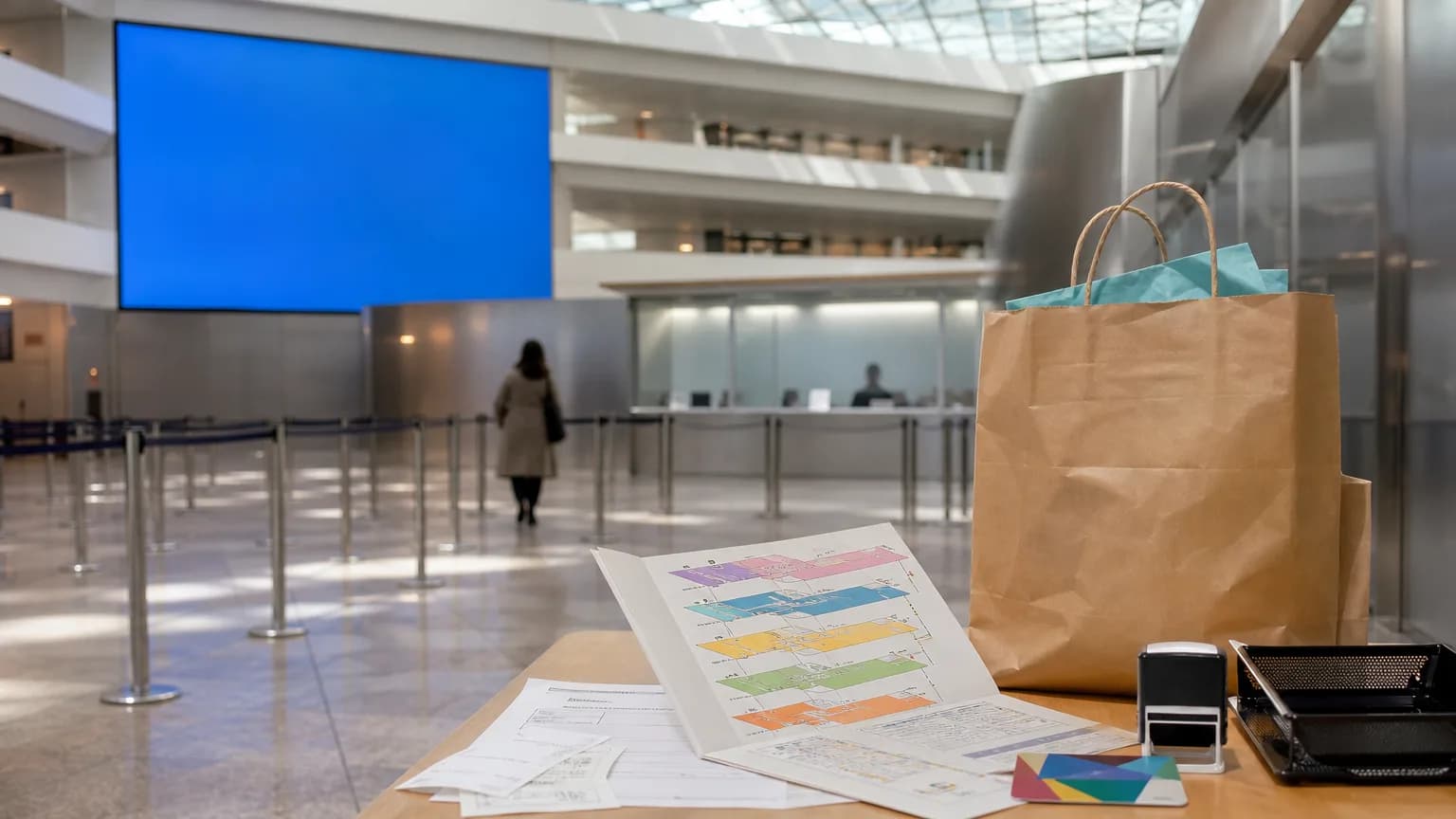 Átrio central da Primark Gran Vía Madrid com múltiplos andares, escadas rolantes e clientes com sacolas