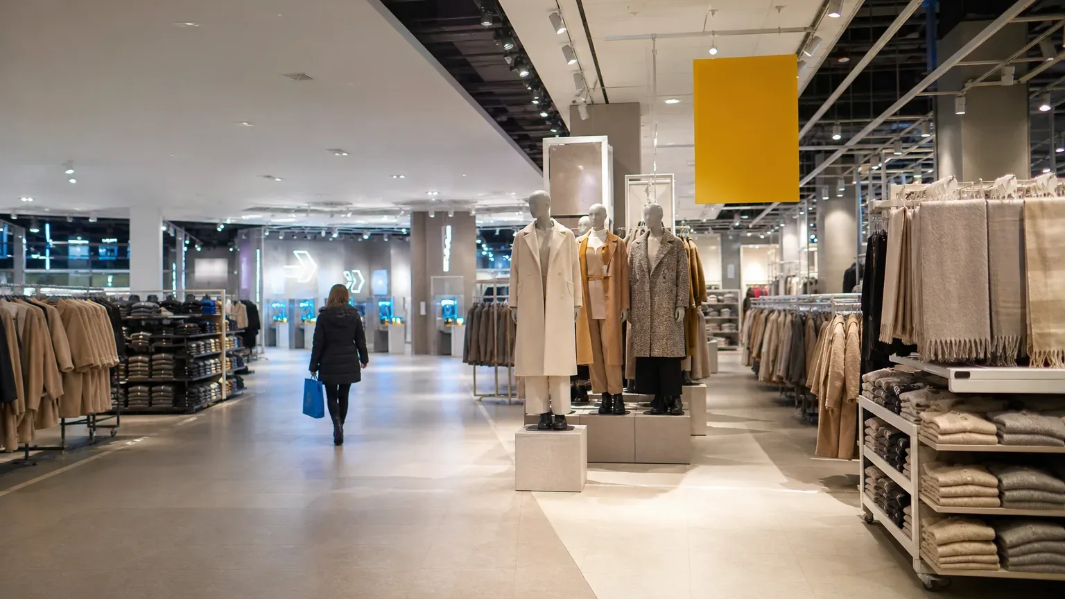 Primark lotada na Oxford Street, com manequins e clientes carregando sacolas azuis