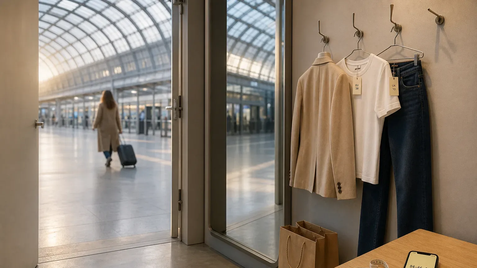 Cabine de provador com roupas nos tamanhos EU e UK, espelho grande e sacola de compras no chão