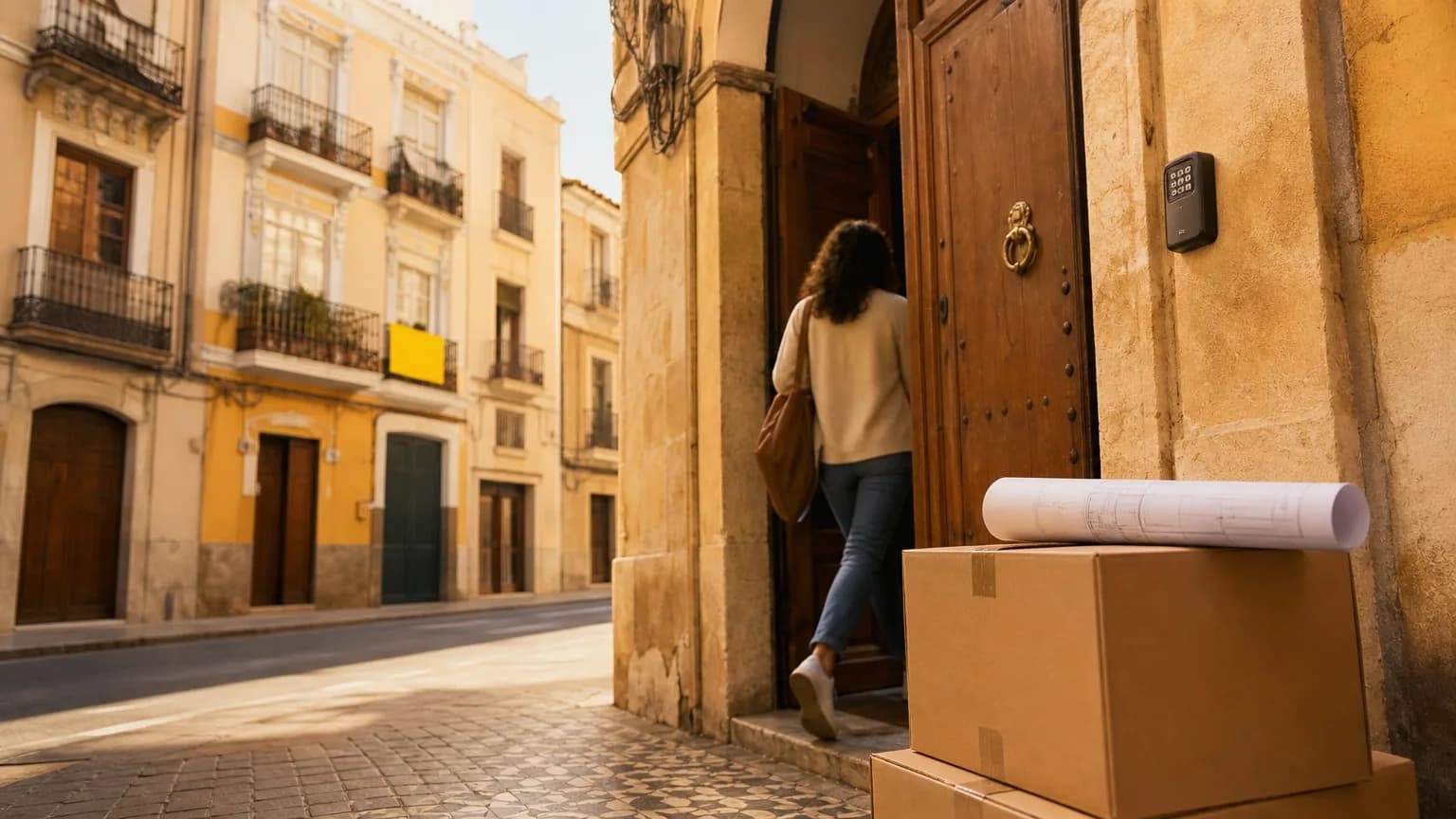 Videochamada com consultora de relocation mostrando um apartamento para aluguel na Espanha, celular com Idealista aberto e placa Se Alquila ao fundo.