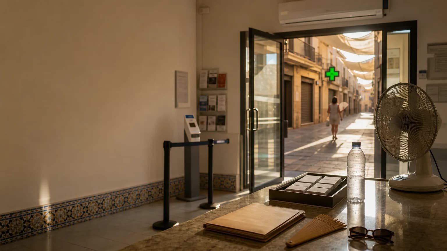 Rua espanhola com toldos, termômetro marcando 38 graus e pedestres com água e leques em um fim de tarde ensolarado.