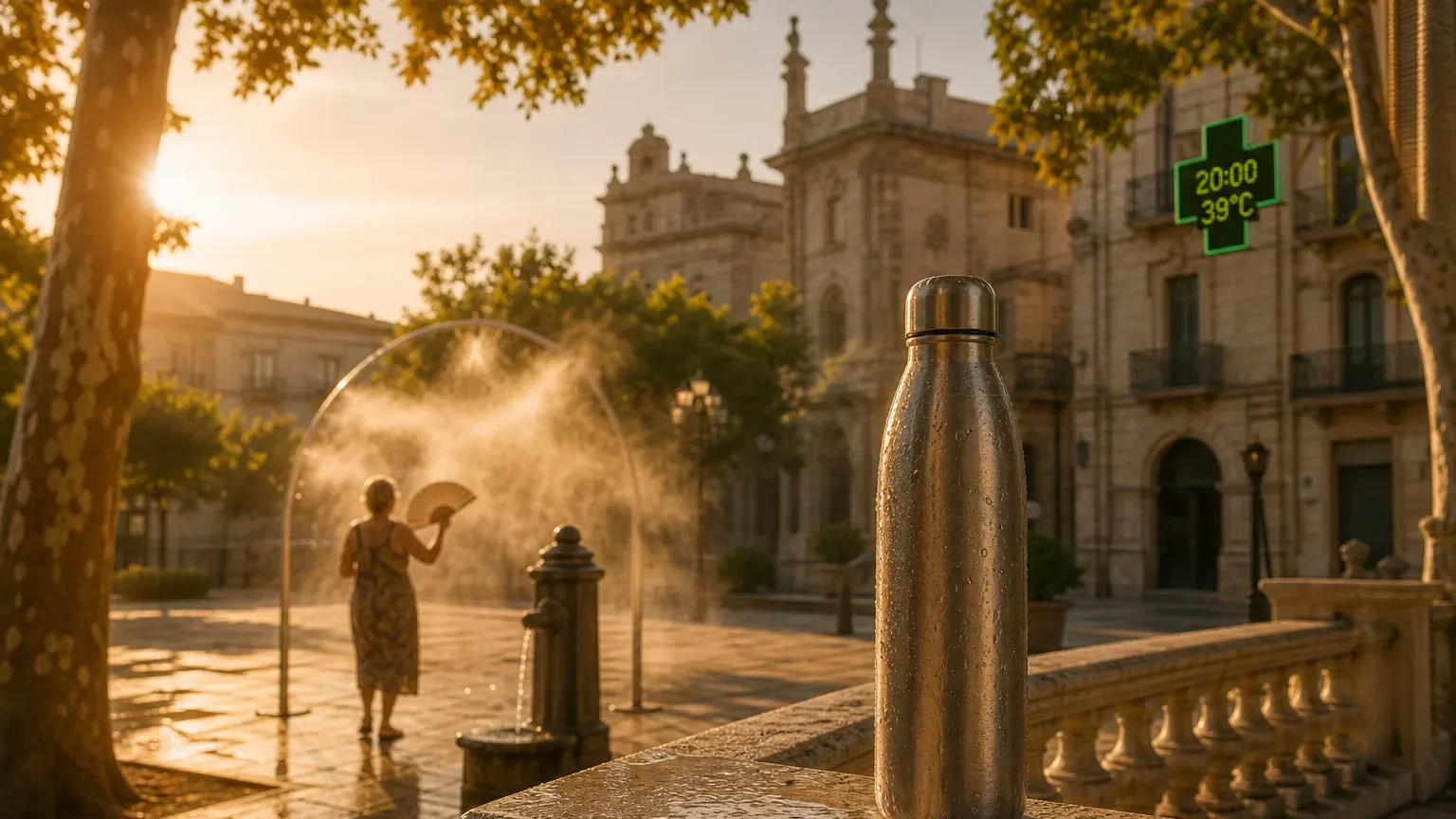 Termômetro marcando 39°C às 20h em praça europeia lotada durante o verão